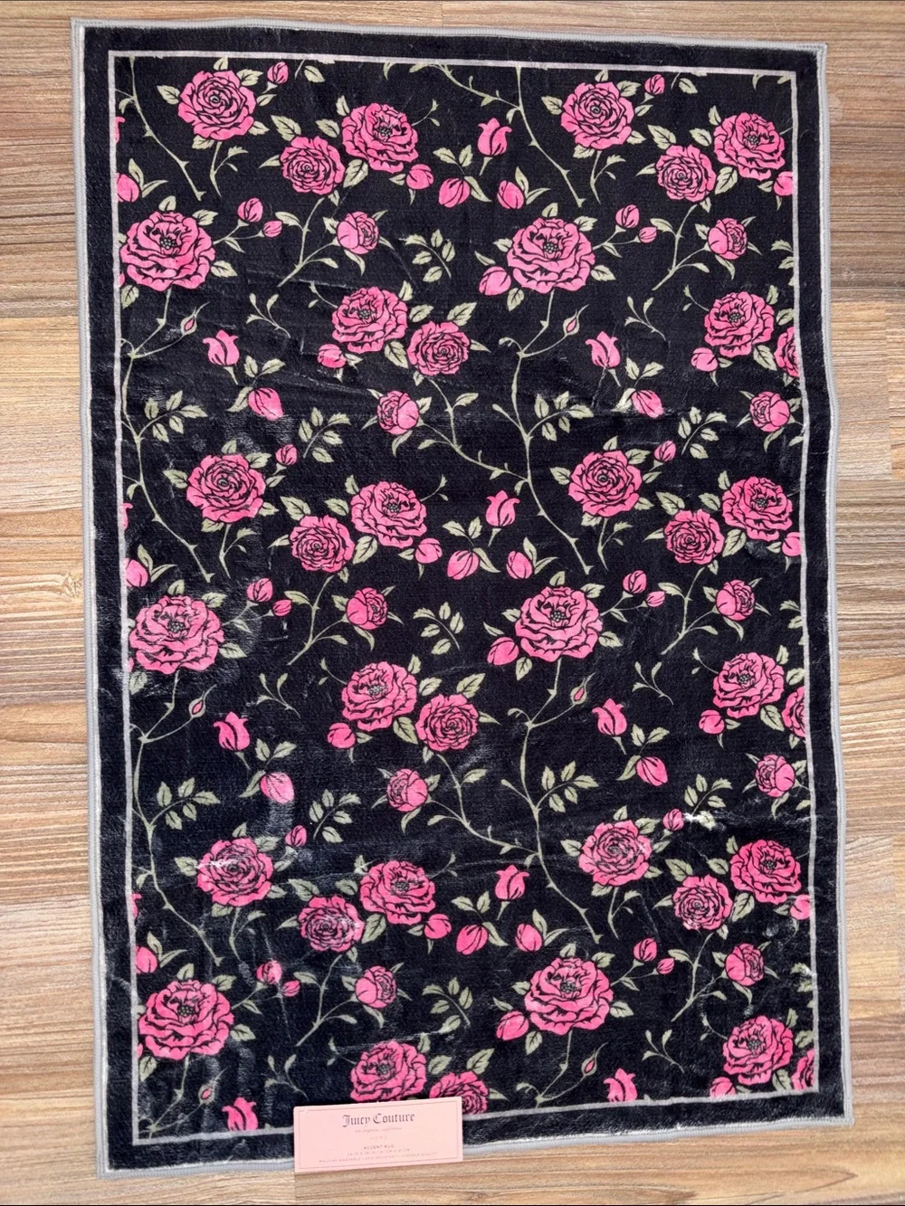 Juicy Couture Black Door Mat with Pink Rose Pattern